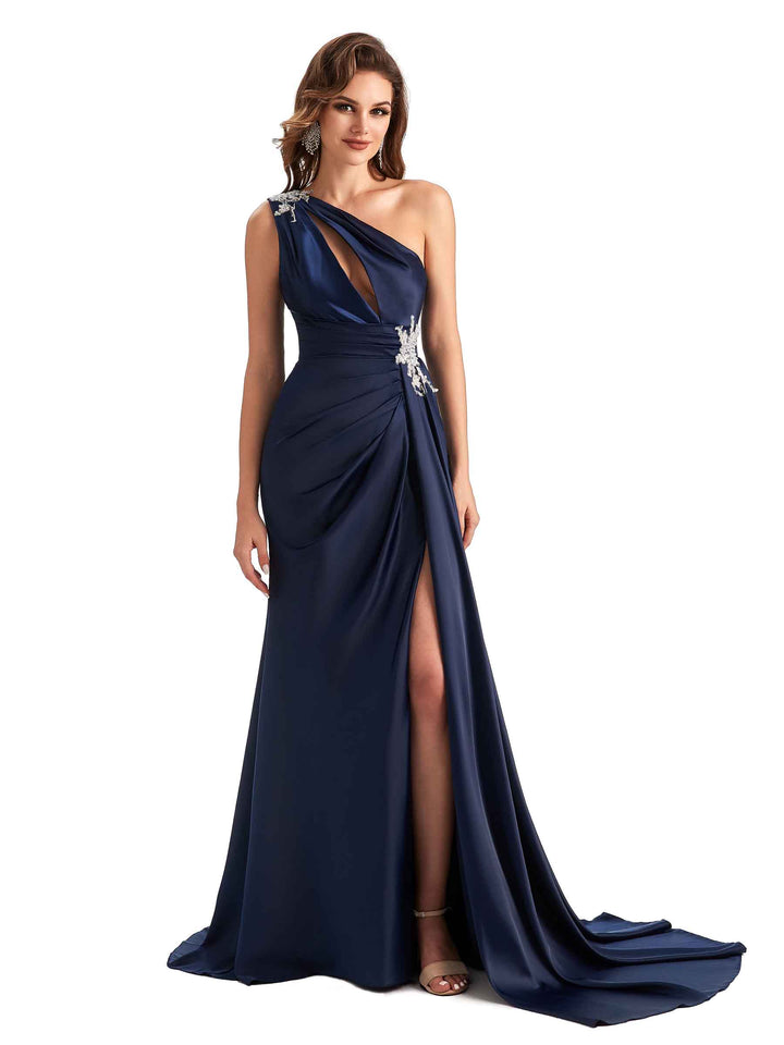 Sexy Side Slit Mermaid Soft Satin One Shoulder Lace Long Modern Bridesmaid Dresses