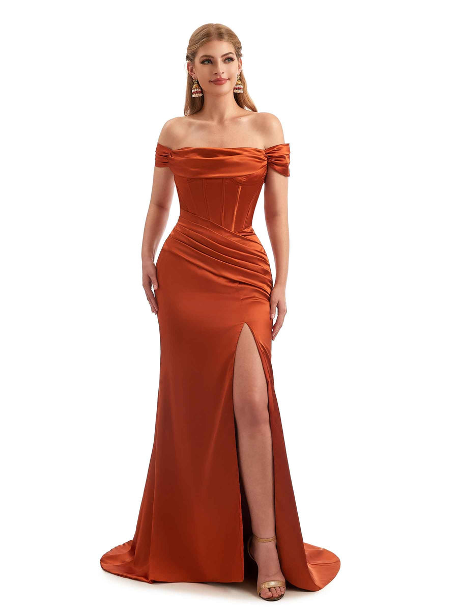Off-Shoulder Corset Boho Floor-Length Satin Bridesmaid Dress