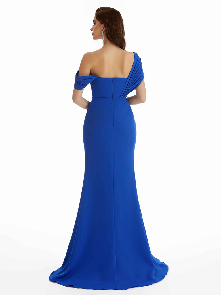 Sexy Side Split Mermaid Cold Shoulder Stretchy Crepe Floor Length Bridesmaid Dresses