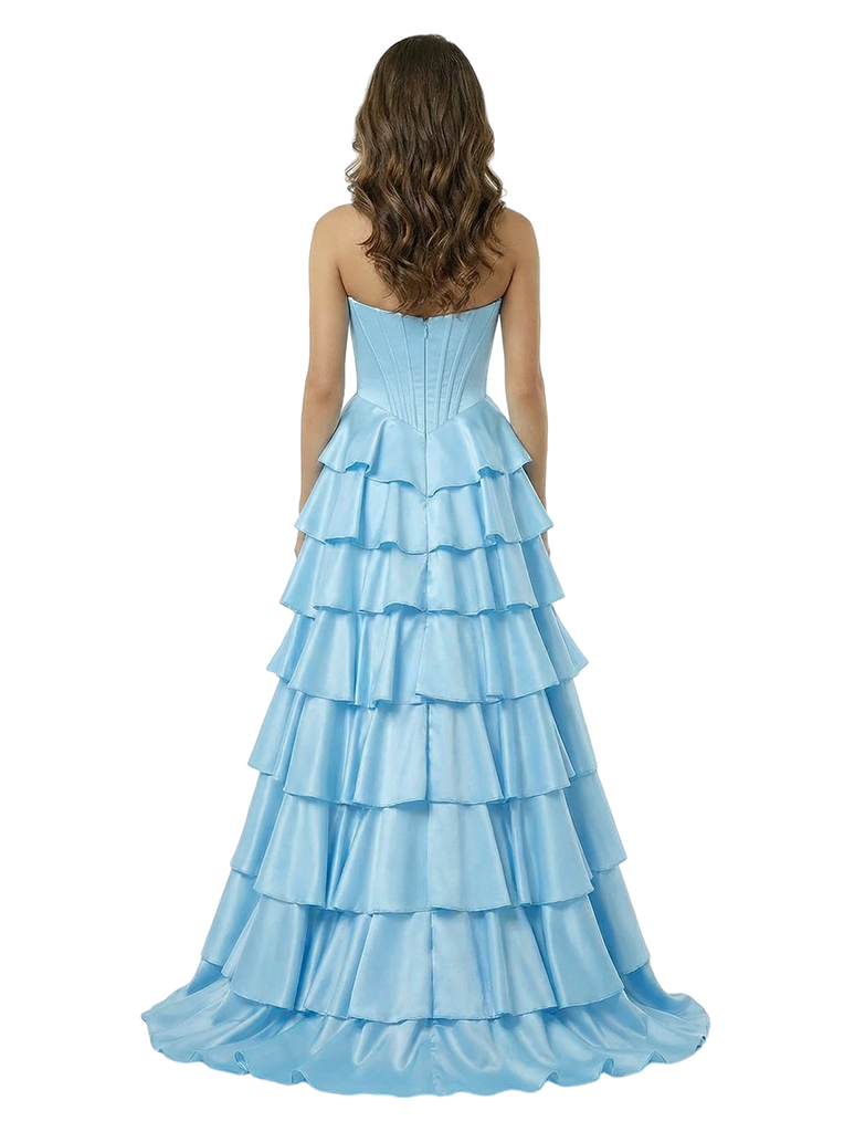 Sexy Strapless Sweetheart Ruched Corset Side Slit A-Line Satin Maxi Prom Dress