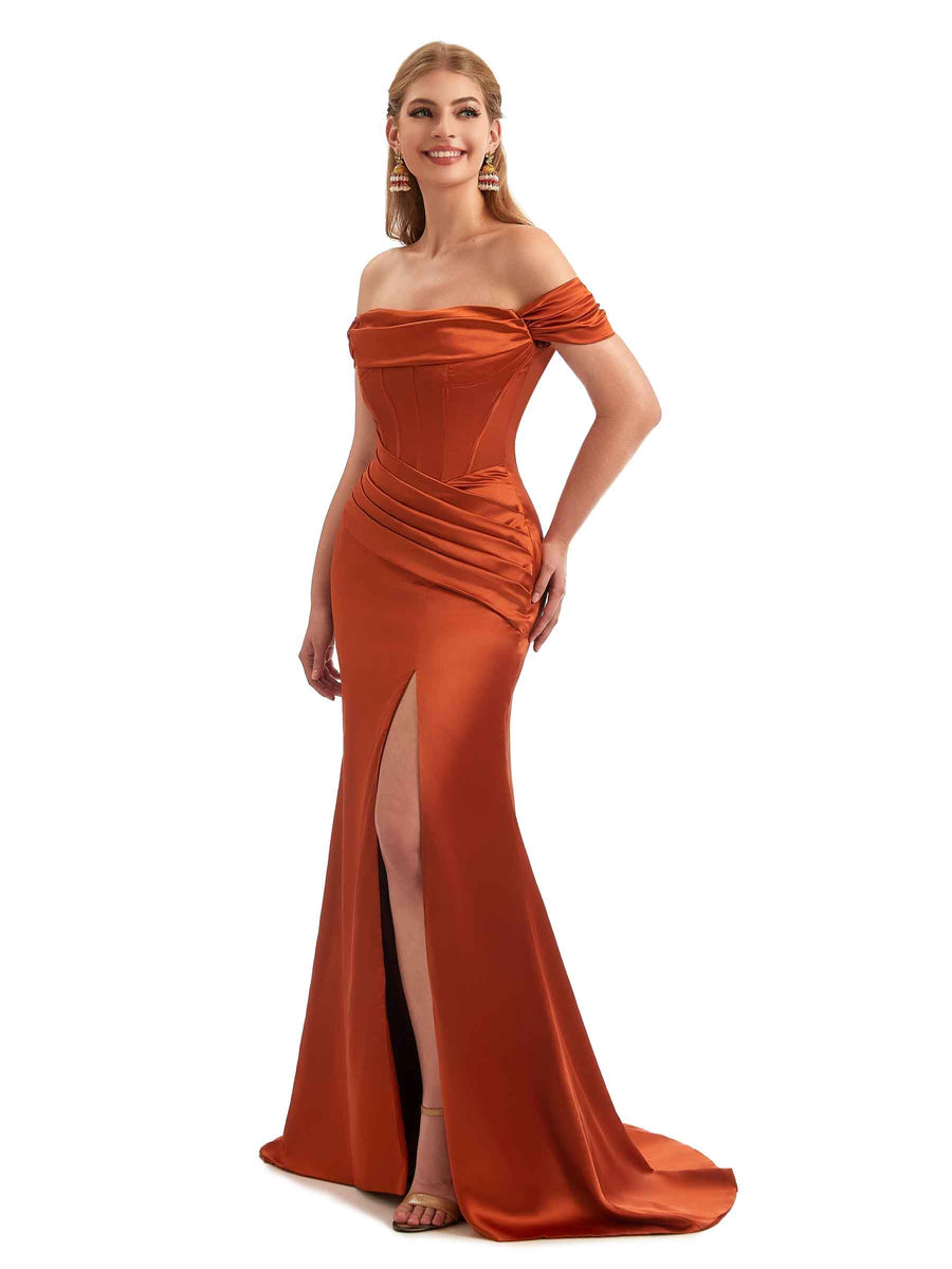Off-Shoulder Corset Boho Floor-Length Satin Bridesmaid Dress