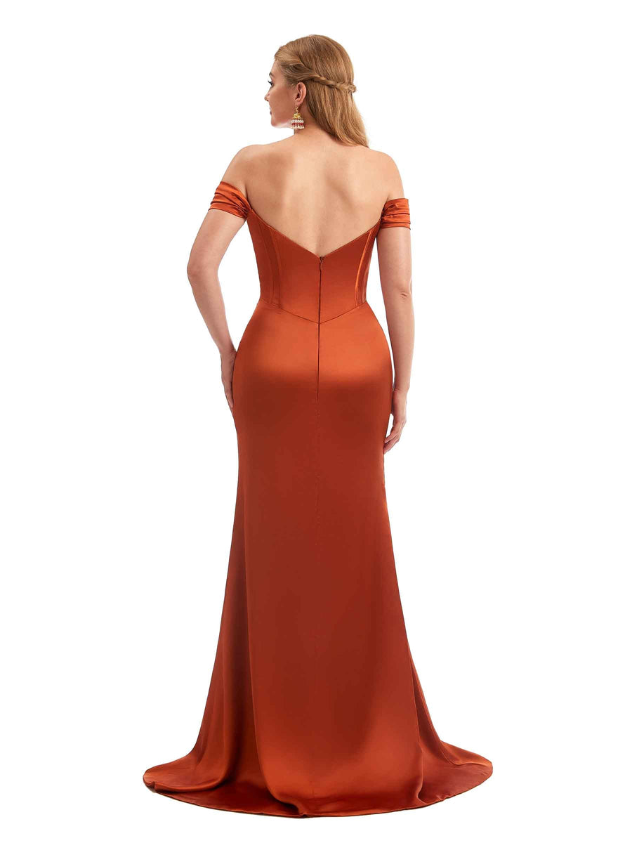 Off-Shoulder Corset Boho Floor-Length Satin Bridesmaid Dress