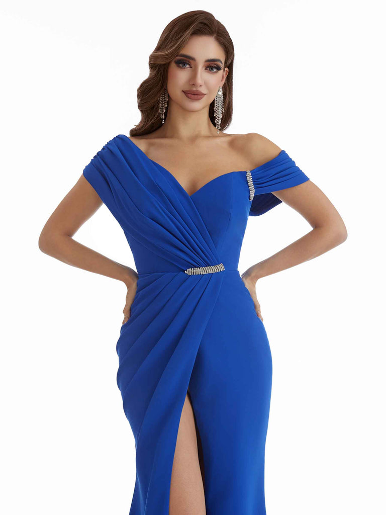 Sexy Side Split Mermaid Cold Shoulder Stretchy Crepe Floor Length Bridesmaid Dresses