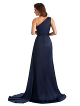 Sexy Side Slit Mermaid Soft Satin One Shoulder Lace Long Modern Bridesmaid Dresses