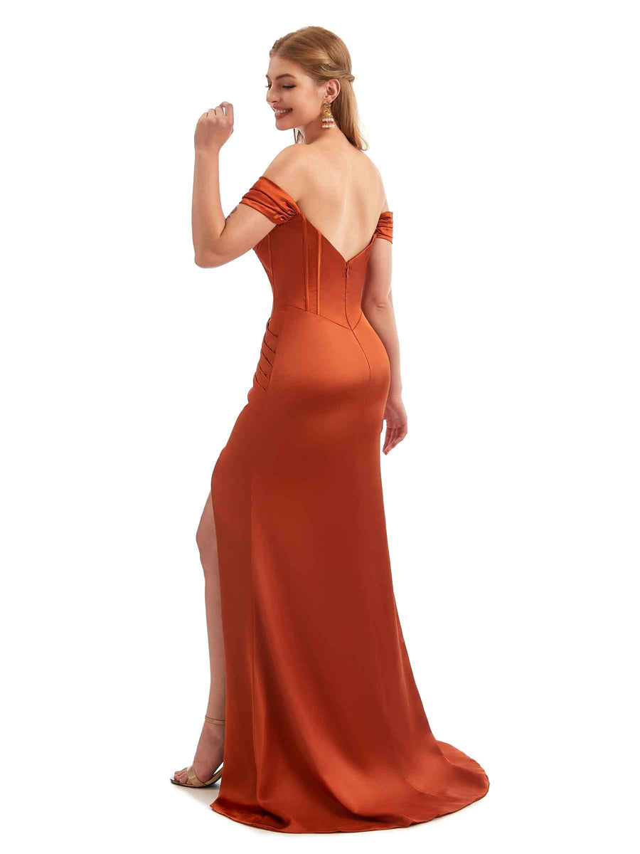Off-Shoulder Corset Boho Floor-Length Satin Bridesmaid Dress