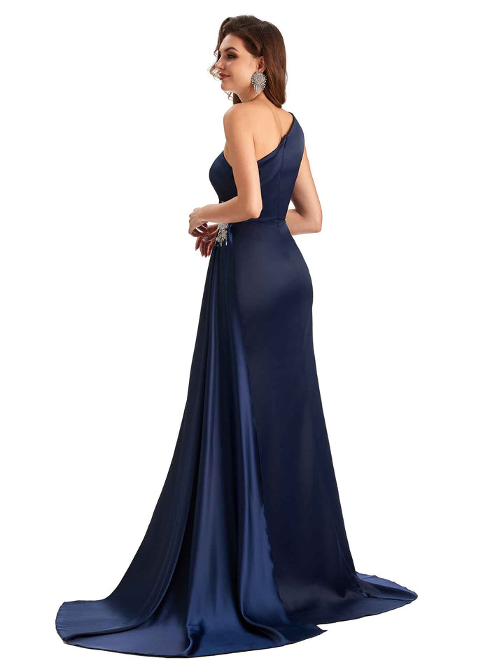 Sexy Side Slit Mermaid Soft Satin One Shoulder Lace Long Modern Bridesmaid Dresses