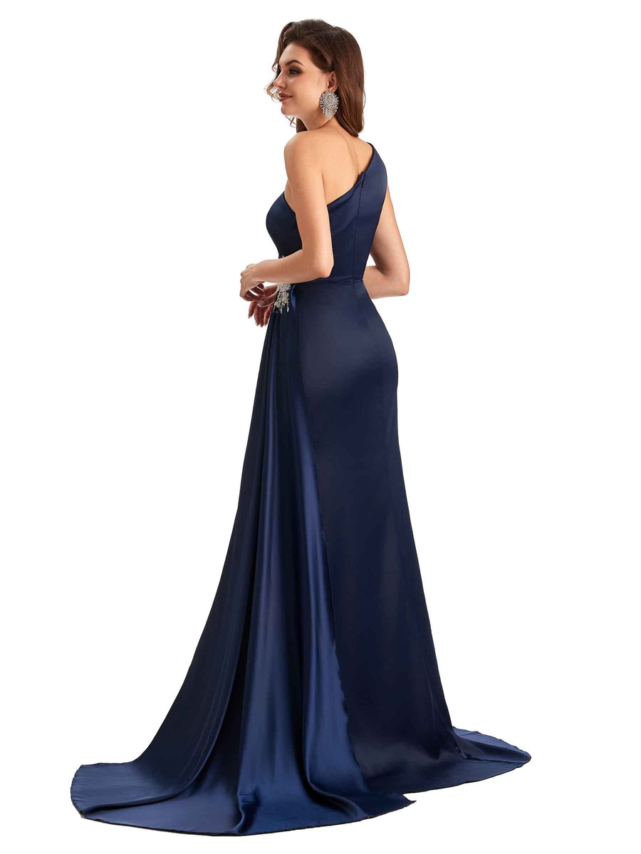 Sexy Side Slit Mermaid Soft Satin One Shoulder Lace Long Modern Bridesmaid Dresses