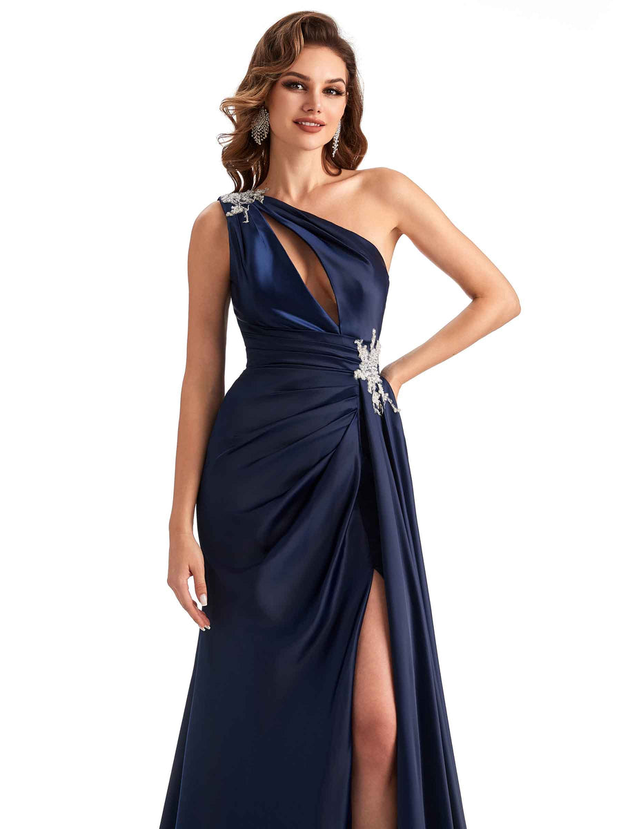 Sexy Side Slit Mermaid Soft Satin One Shoulder Lace Long Modern Bridesmaid Dresses