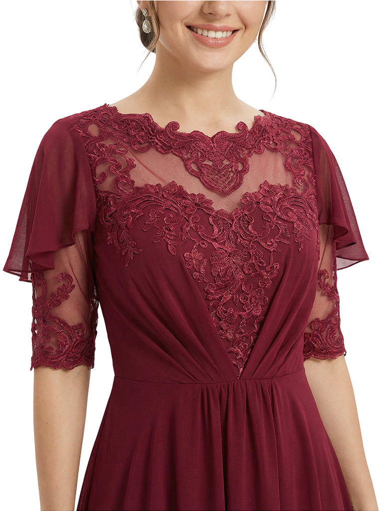 Unique Scalloped Neckline High-Low Mother of The Bride Gown With Flutter Sleeves