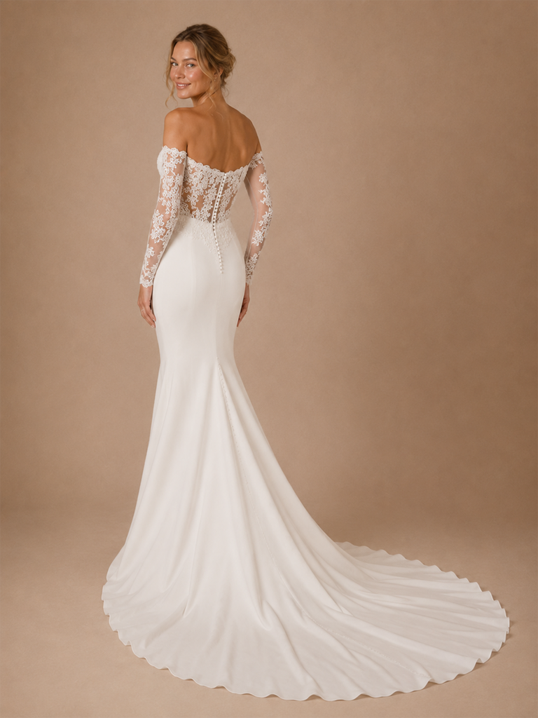ChicSew Classy Sweetheart Lace 3/4 Sleeves Mermaid Crepe Floor-Length Wedding Dress