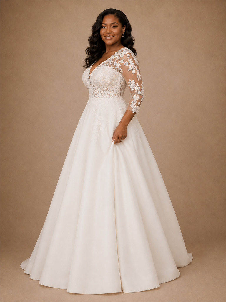 ChicSew Elegant V-Neck Long Sleeves A-Line Lace Appliques Crepe Maxi Wedding Dress