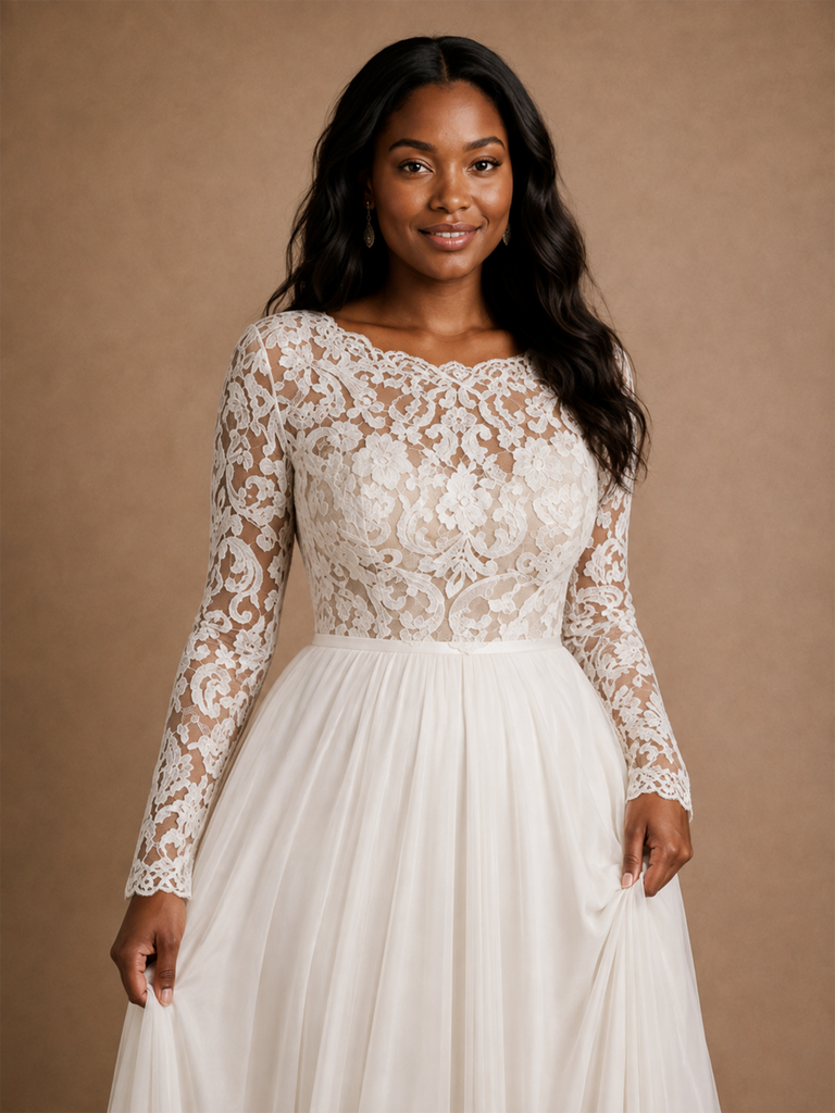 ChicSew Elegant Classy Lace Applique Chiffon A-Line Pleated Long Sleeves Floor-Length Wedding Dress