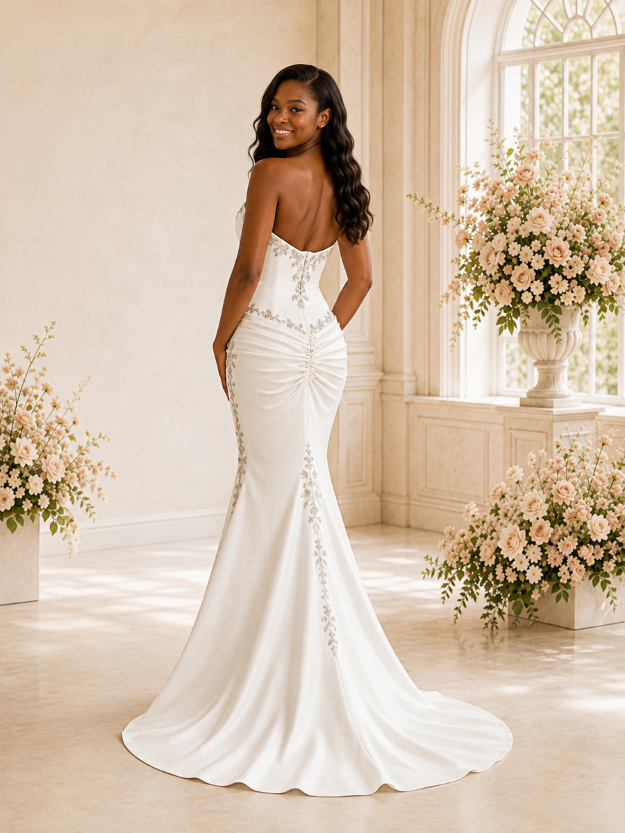 ChicSew Elegant Sweetheart Mermaid Ruched Satin Floor-Length Wedding Dress With Applique