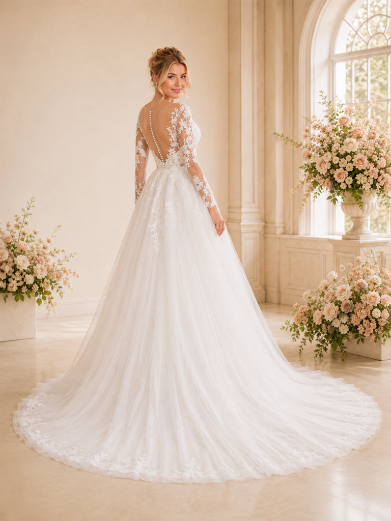 ChicSew Unique Deep V-Neck A-Line Long Sleeves Lace Tulle Maxi Long Wedding Dresses