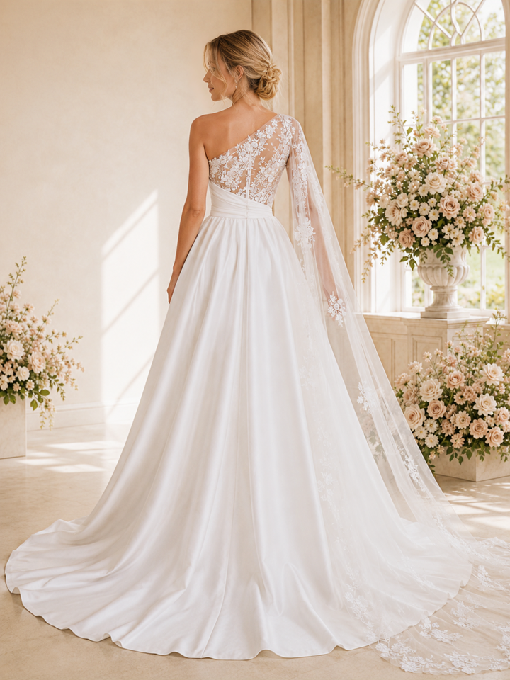 ChicSew Romantic Asymmetric Lace Satin A-Line Maxi Wedding Dress