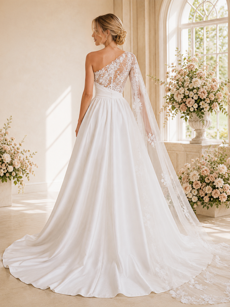 ChicSew Romantic Asymmetric Lace Satin A-Line Maxi Wedding Dress