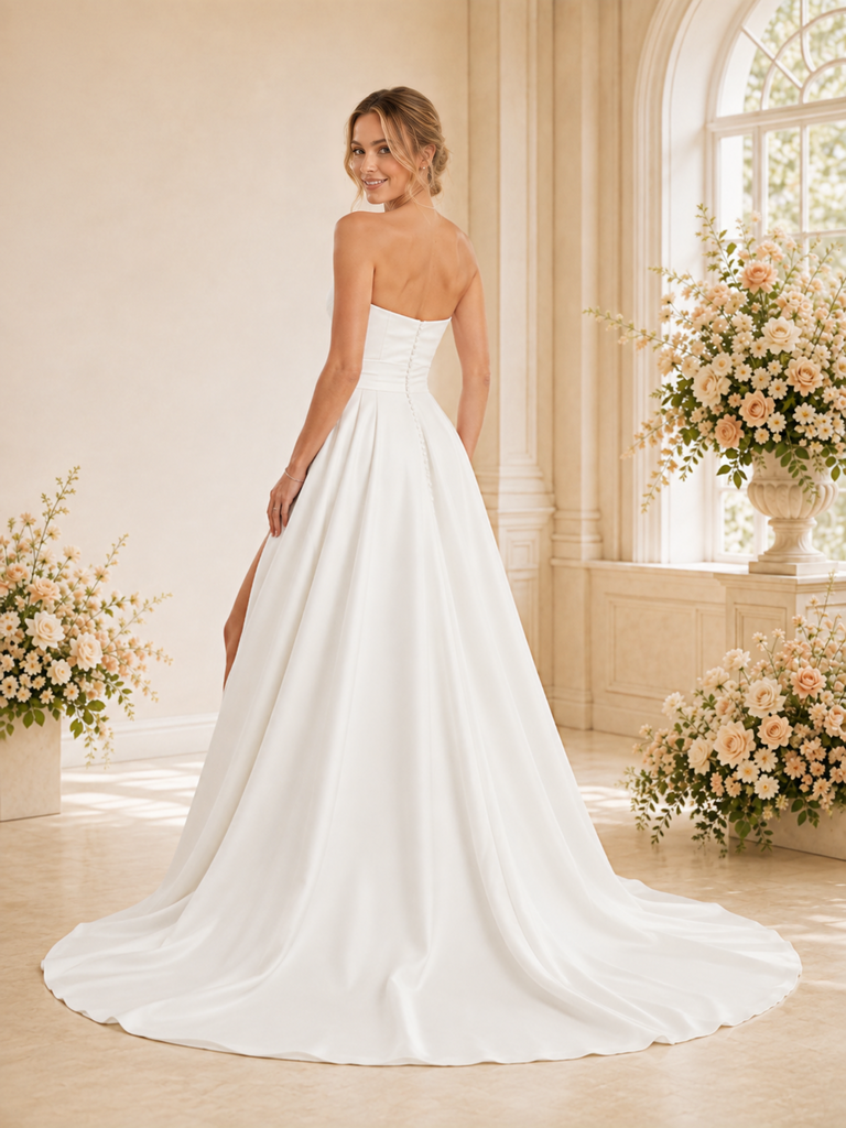 ChicSew Fancy Strapless Side Slit Ruching A-line Satin Floor-Length Wedding Dress