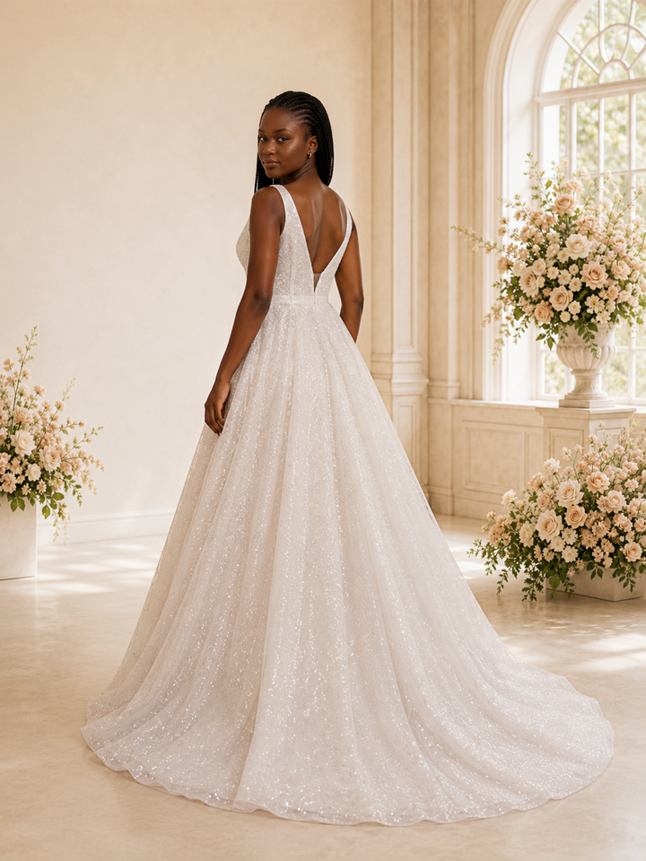 ChicSew Fancy Spaghetti Straps V-Neck Glitter Tulle Long A-Line Wedding Dress