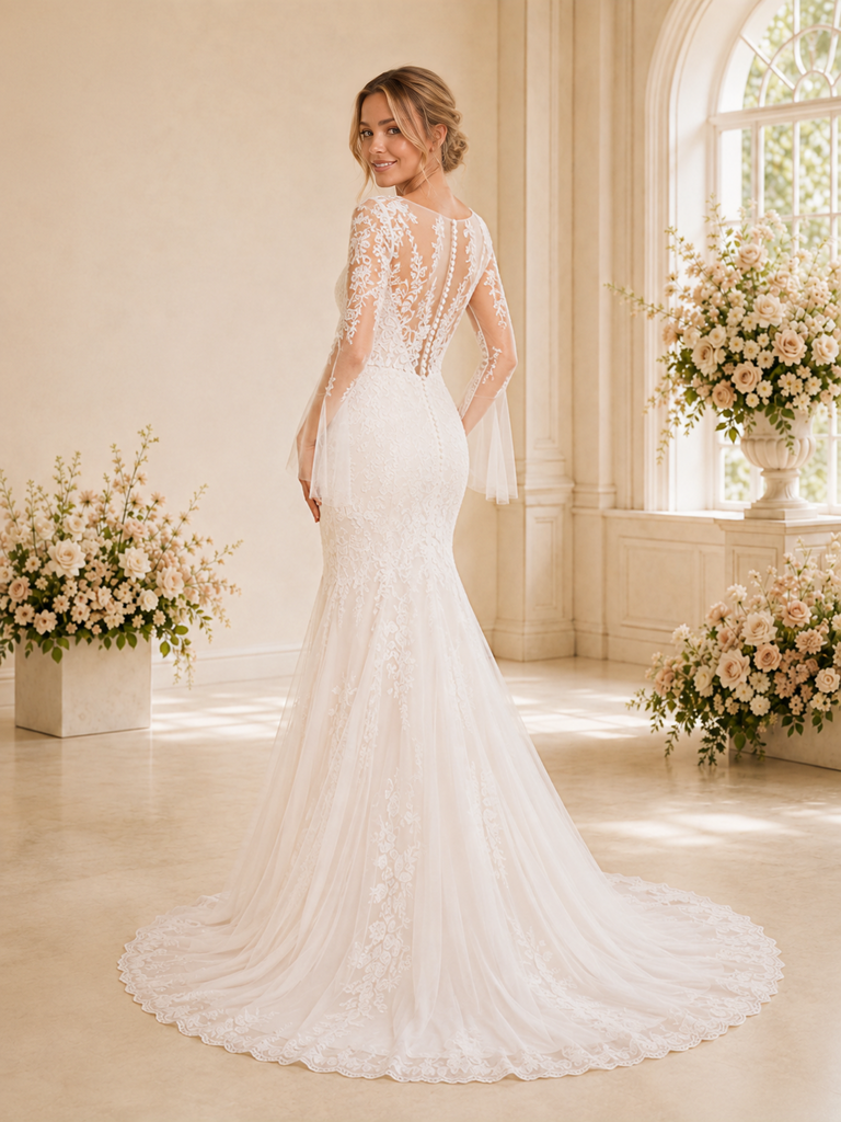 ChicSew Sexy V-Neck Mermaid Lace Applique Tulle Long Sleeves Maxi Wedding Dress