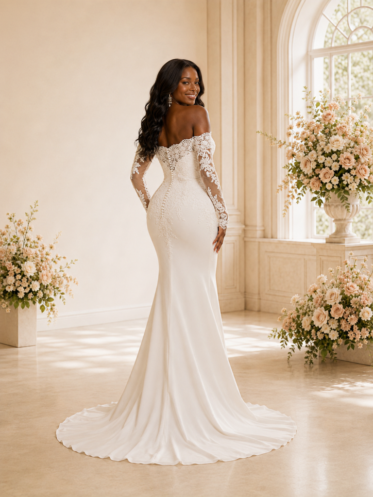 ChicSew Unique Modern Off The Shoulder Long Sleeves Lace Crepe Mermaid Maxi Wedding Dress