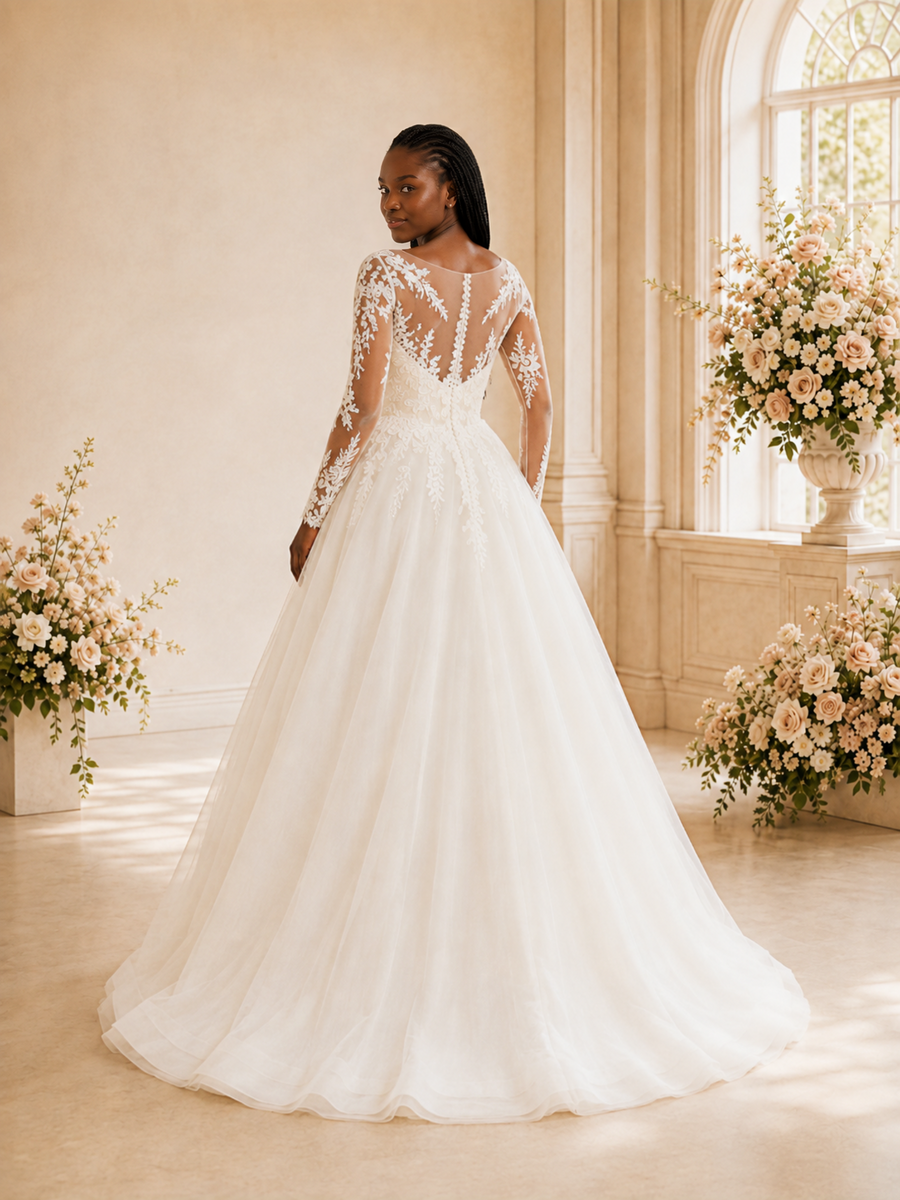 ChicSew Elegant A-Line Illusion Long Sleeves Lace Appliques Tulle Maxi Wedding Dress