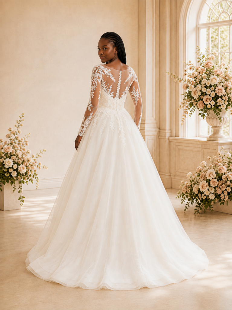 ChicSew Elegant A-Line Illusion Long Sleeves Lace Appliques Tulle Maxi Wedding Dress