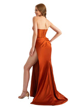 Sexy Strapless Silky Satin Side Split Mermaid Chic Long Bridesmaid Dresses Online