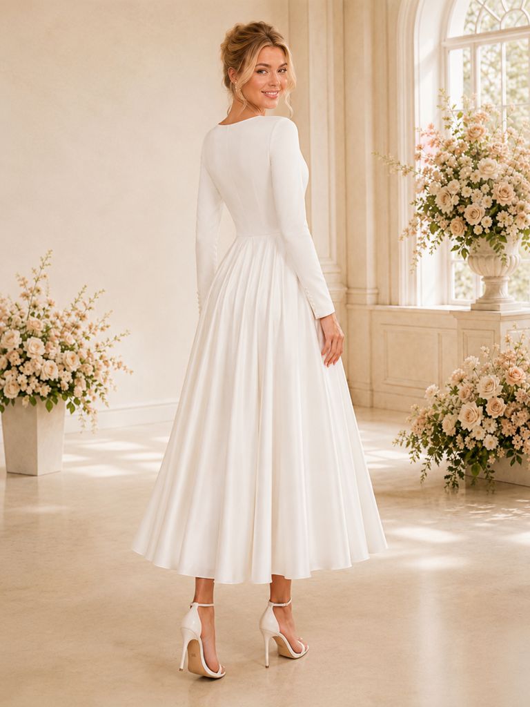 ChicSew Simple A-Line Jewel Long Sleeves Satin Tea-Length Wedding Dresses
