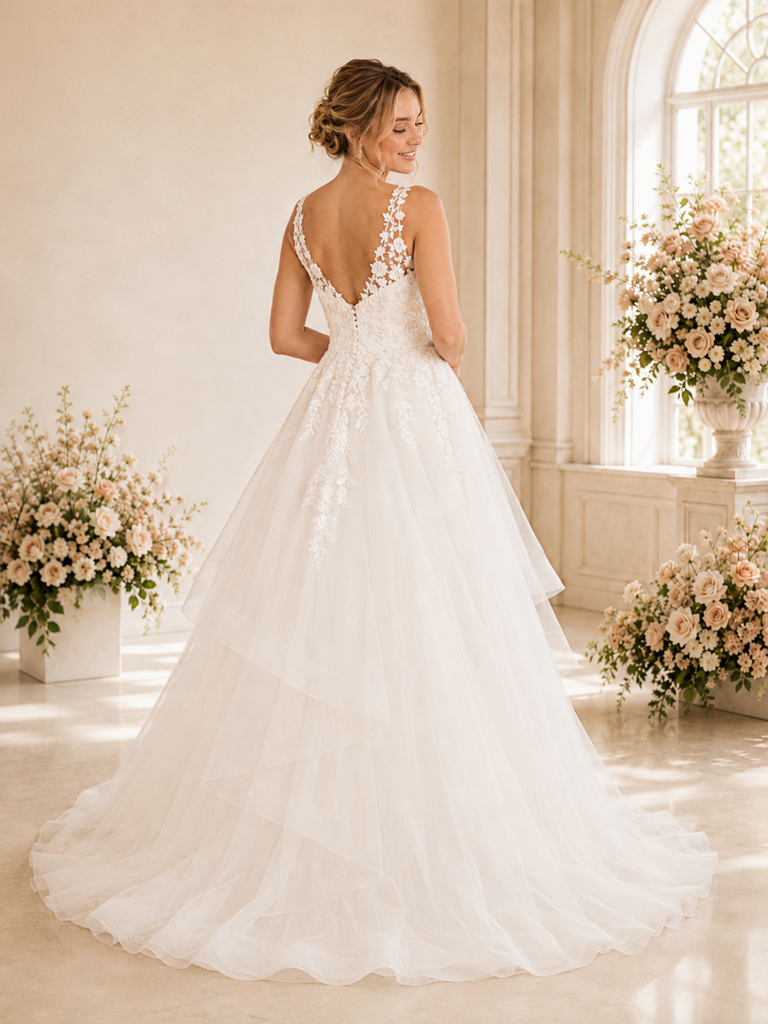 ChicSew Fancy Spaghetti Straps Tulle Lace Appliques A-Line Long Wedding Dress