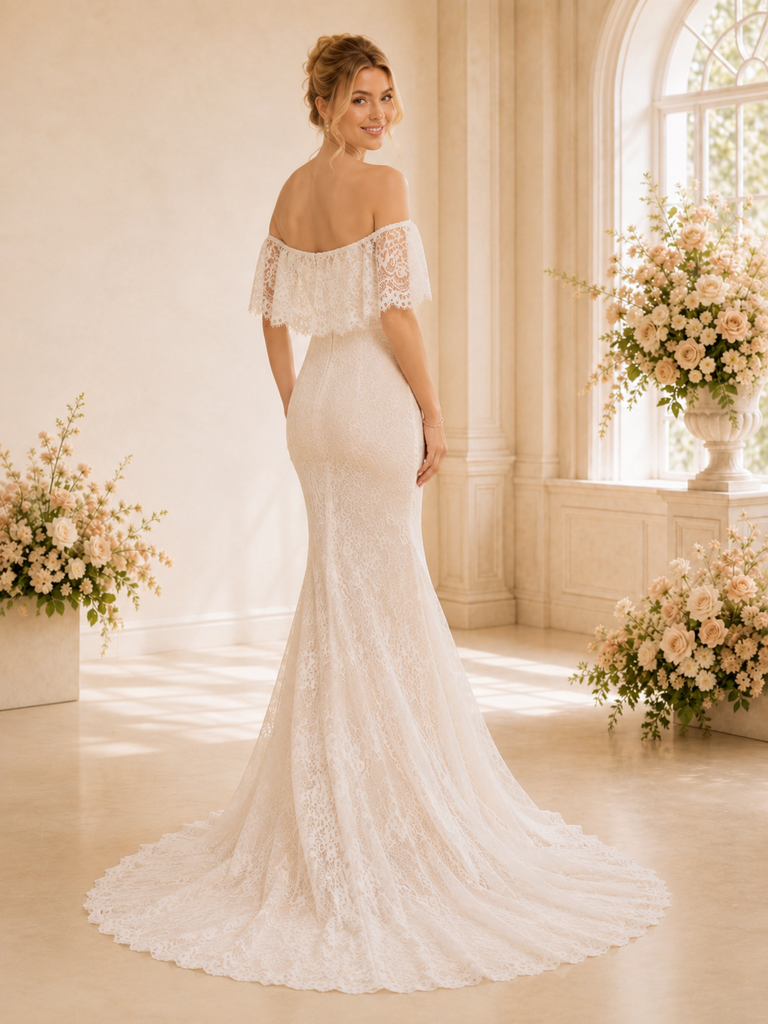 ChicSew Classy Romantic Off The Shoulder Mermaid Lace Long Wedding Dress With Train