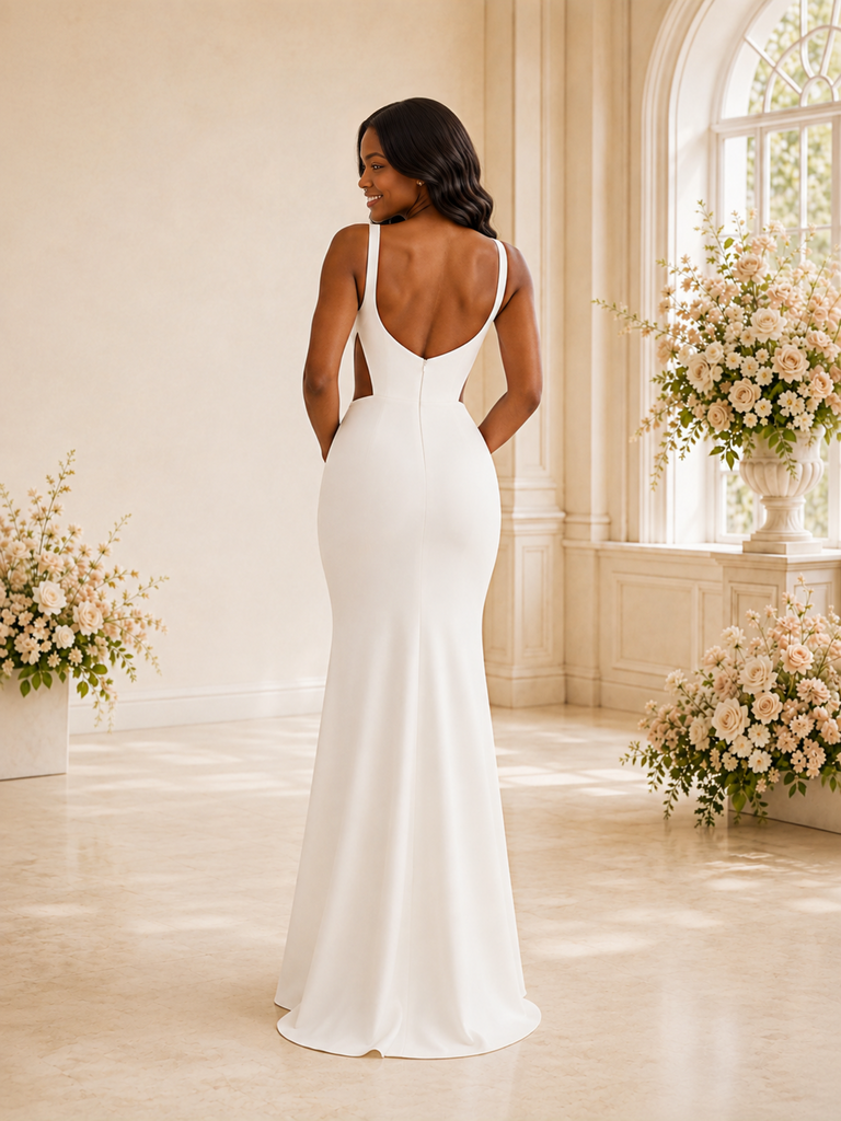 ChicSew Elegant V-Neck Crepe Mermaid Floor-Length Wedding Dress