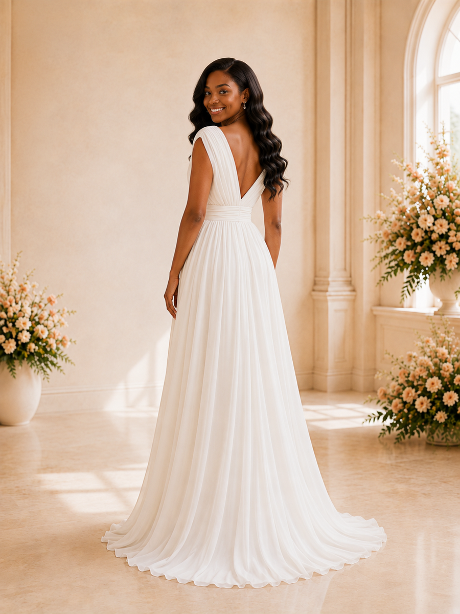ChicSew Elegant V-Neck Cap Sleeves Pleats Chiffon A-Line Maxi Wedding Dress