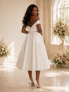 ChicSew Mondern A-Line Off The Shoulder Rhinestone Satin Tea-Length Wedding Dress