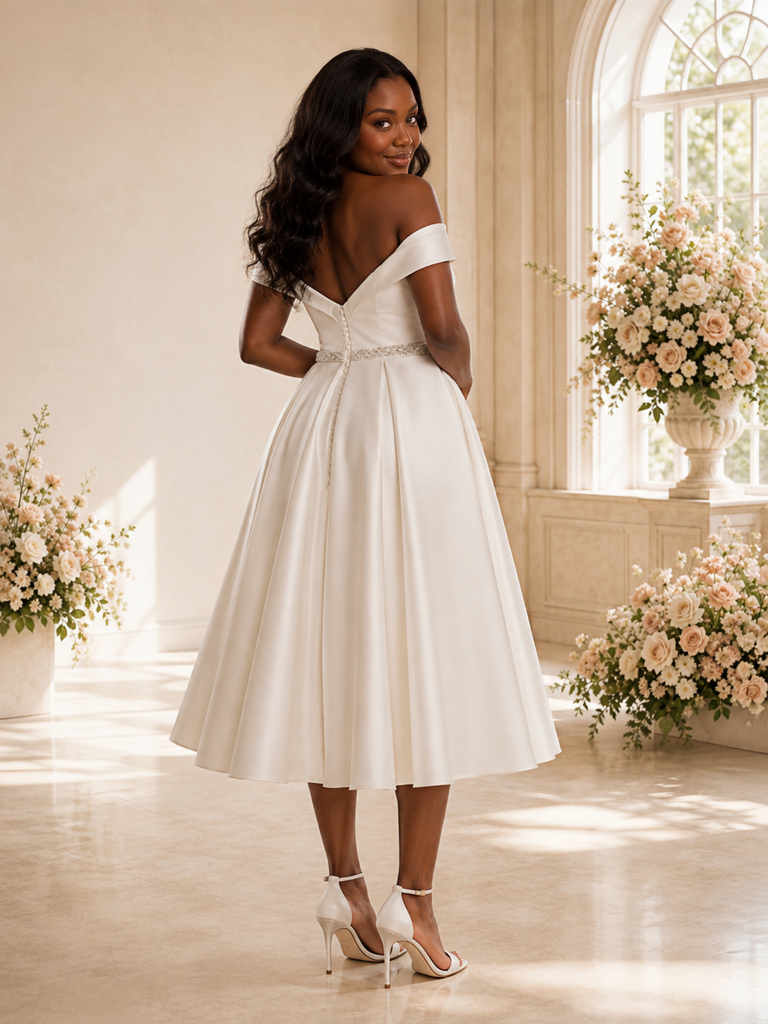 ChicSew Mondern A-Line Off The Shoulder Rhinestone Satin Tea-Length Wedding Dress