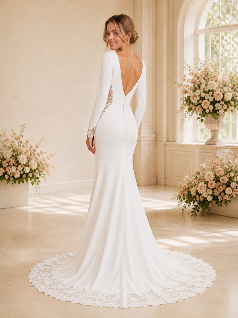 ChicSew Elegant Mermaid Crepe V-Neck Long Sleeves Floor-Length Wedding Dress With Applique
