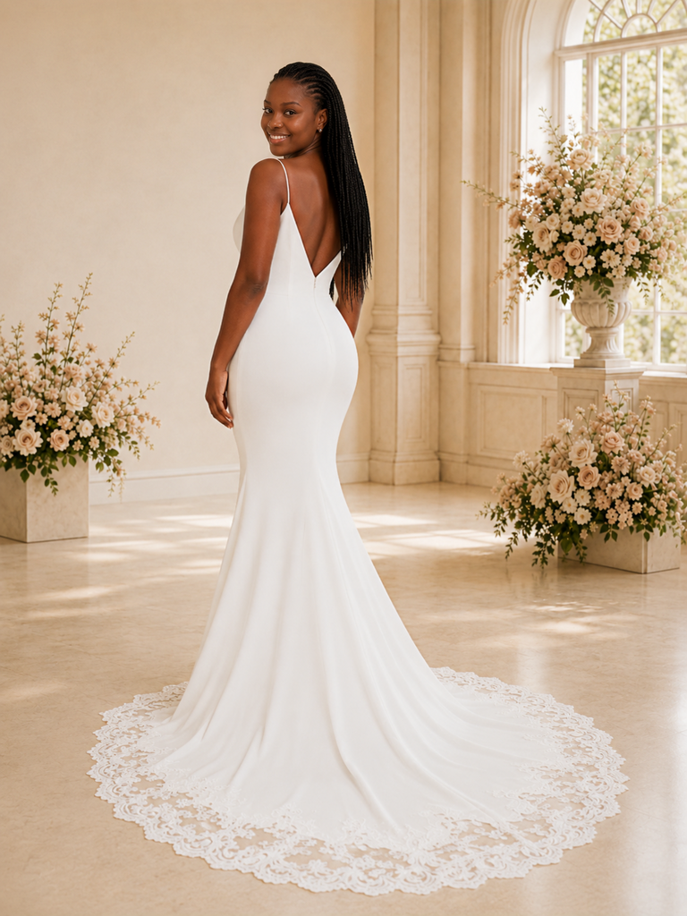 ChicSew Sexy Spaghetti Straps Mermaid Crepe Floor-Length Wedding Dress With Applique