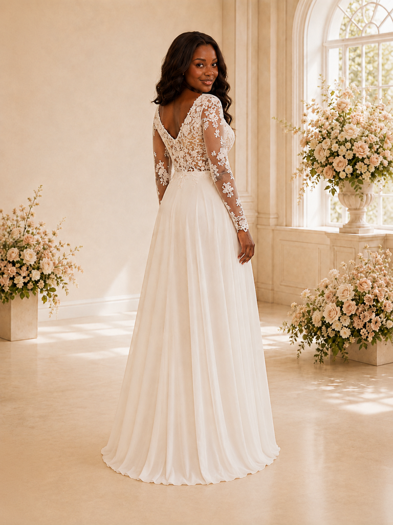 ChicSew Elegant Square Neck Long Sleeves Lace Appliques Chiffon Maxi Wedding Dress