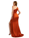 Elegant One Shoulder Silky Satin Side Split Mermaid Ruched Long Bridesmaid Dresses Online