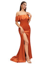 Sexy Mermaid Off The Shoulder Side Slit Soft Satin Pretty Long Bridesmaid Dresses