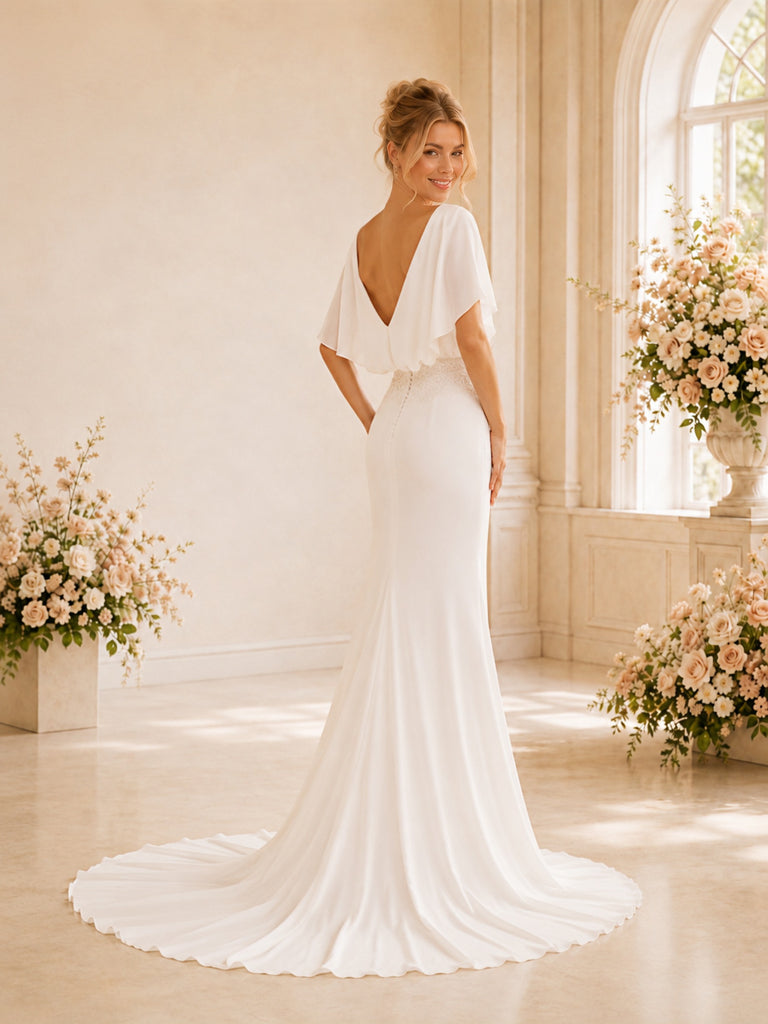 ChicSew Flutter Sleeve Mermaid Wedding Dress Open Back Chiffon Bridal Gown With Beading Waist