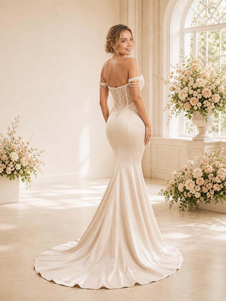 ChicSew Fancy Off The Shoulder Satin Boning Mermaid Long Wedding Dress With Beading