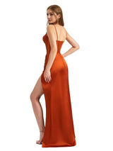 Elegant Silky Satin Side Slit Mermaid Ruched Beauty Long Bridesmaid Dresses Spaghetti Strap