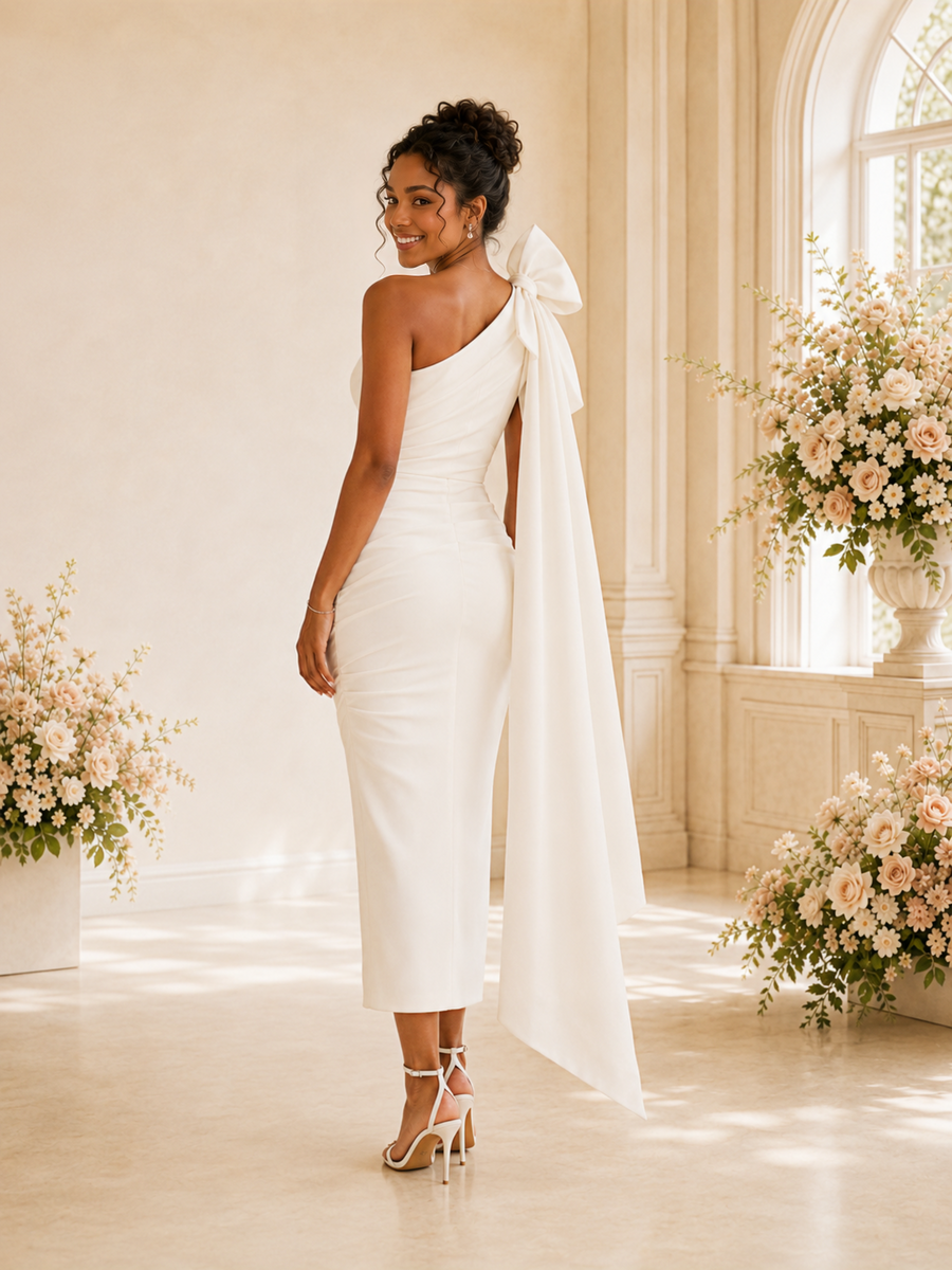 ChicSew Elegant One Shoulder Crepe Sheath Side Slit Ruched Tea-Length Wedding Dress With Oversized Bow