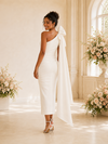 ChicSew Elegant One Shoulder Crepe Sheath Side Slit Ruched Tea-Length Wedding Dress With Oversized Bow