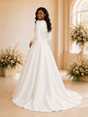 ChicSew Elegant A-Line Jewel Long Sleeves Lace Appliques Satin Maxi Wedding Dress