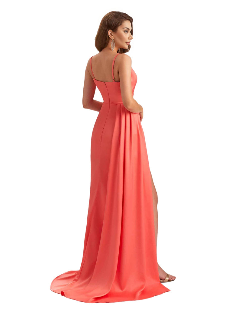 Elegant Silky Satin V-Neck Spaghetti Straps Mermaid Side Slit Ruched Long Bridesmaid Dresses Online