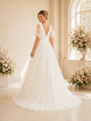 ChicSew Classy Elegant V-Neck Short Sleeves Lace Tulle A-Line Maxi Wedding Dress