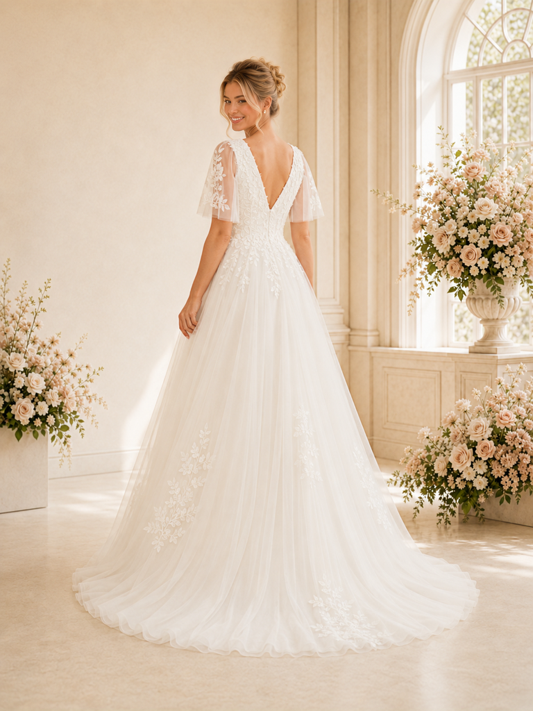 ChicSew Classy Elegant V-Neck Short Sleeves Lace Tulle A-Line Maxi Wedding Dress