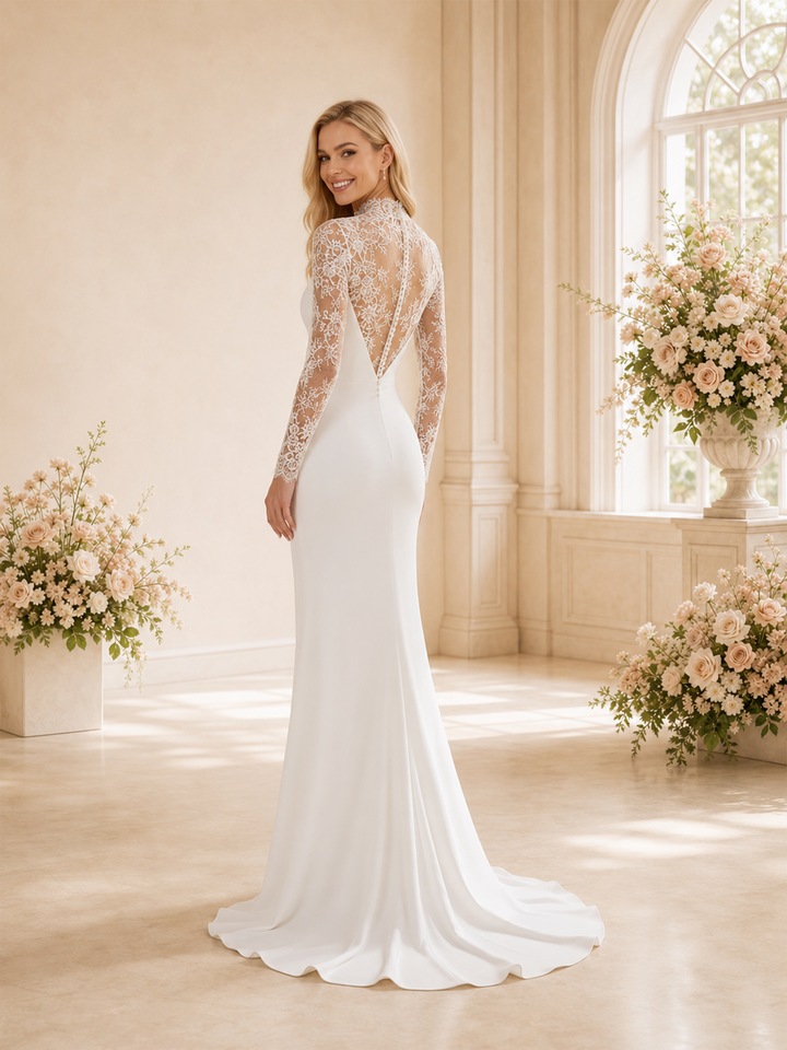 ChicSew Elegant High Neck Lace Long Sleeves Crepe Mermaid Foor-Length Wedding Dress