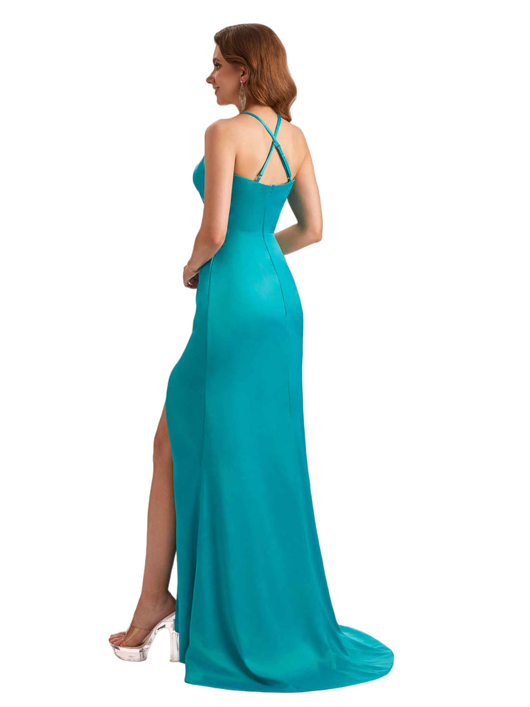 Sexy V-Neck Spaghetti Straps Mermaid Side Slit Silky Satin Long Bridesmaid Dresses Online